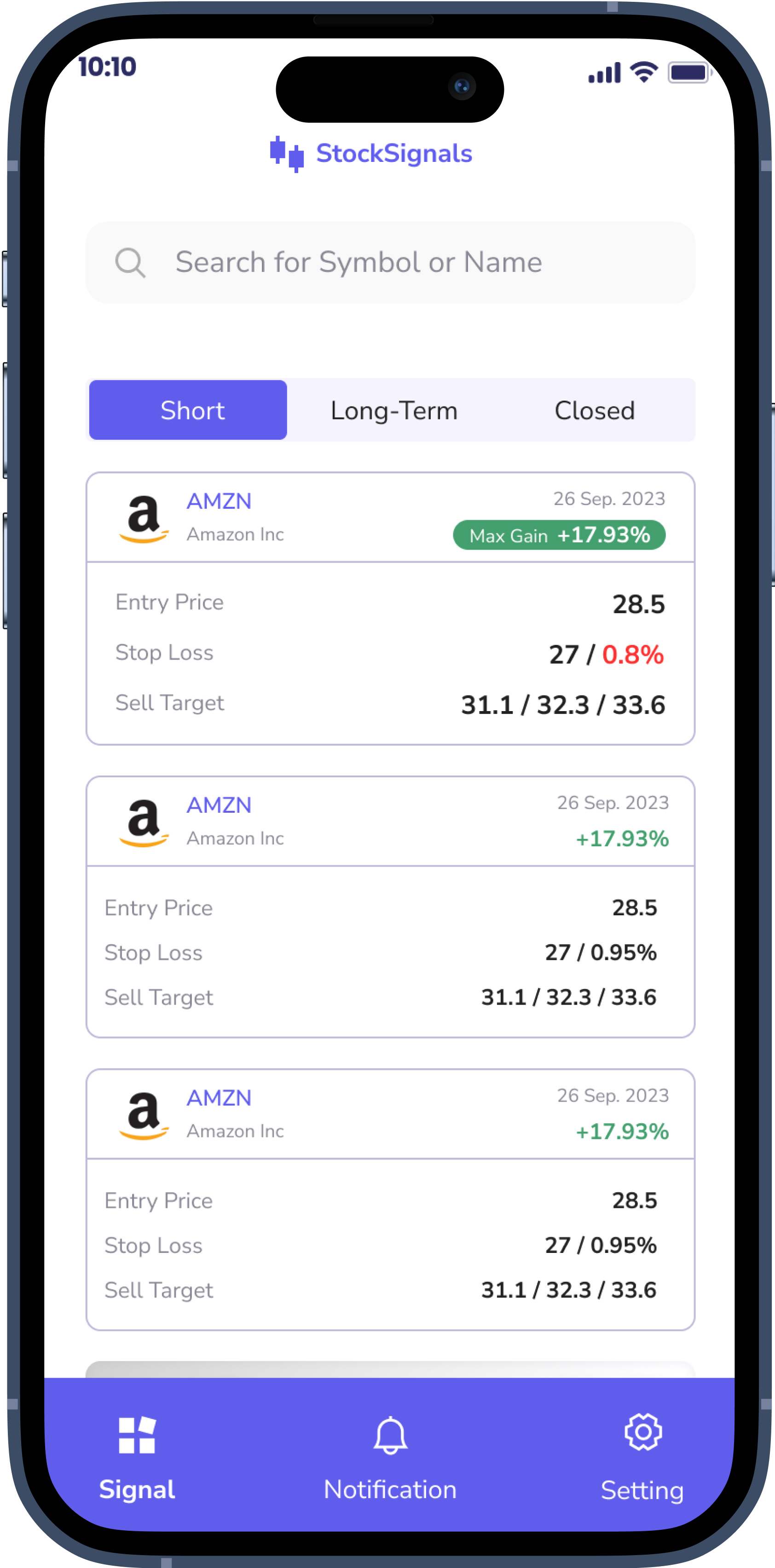10xSignal stock index screen